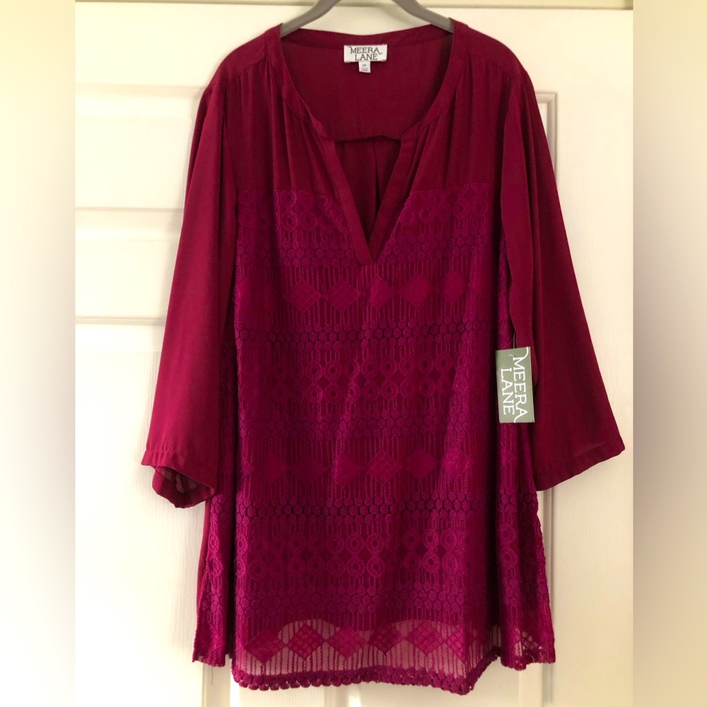 Meera Lane, 3/4 Sleeve, Split Neck Lightweight Blouse w/ Crochet, Raspberry, 2X.